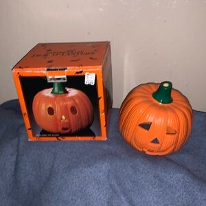 Vintage Halloween Ceramic Pumpkin Candle Holder Jack O Lantern with Original Box